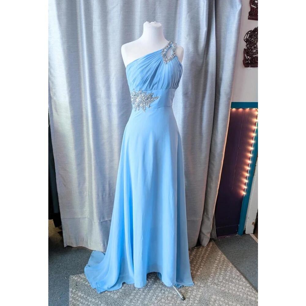 Light Blue Chiffon Silver Sequin One Shoulder Evening Gown with train